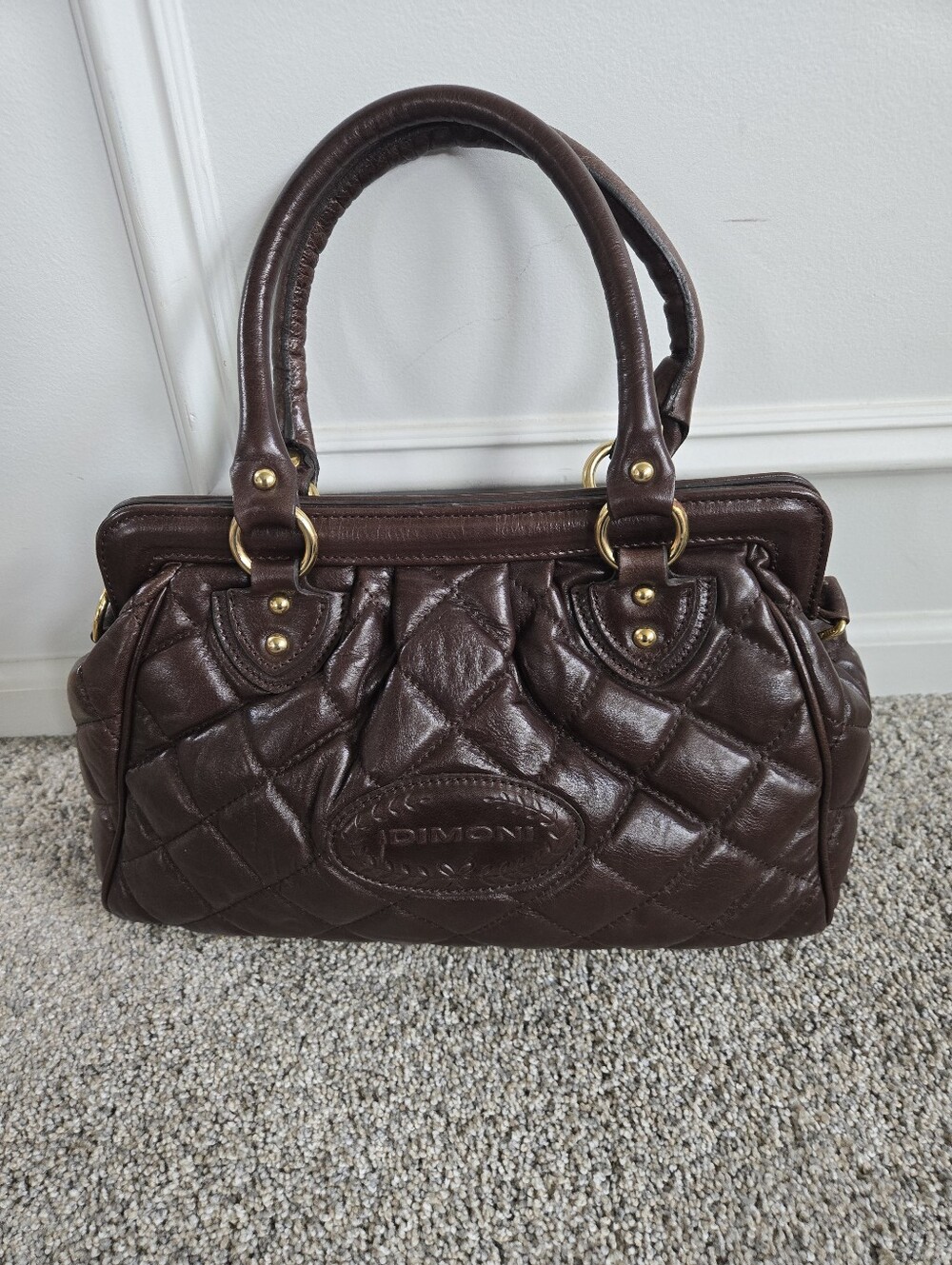 Dimoni Brown baguette leather tote with gold chain strap made in Spain